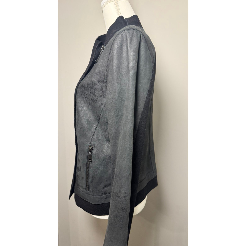 Elie Tahari Lamb Leather Moto Jacket Black Gray Asymmetric Zip Women's Medium - Picture 4 of 14